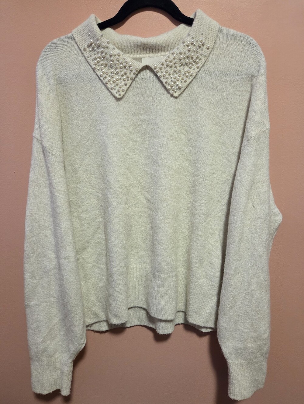 Cream Sweater with Pearl-Embellished Collar